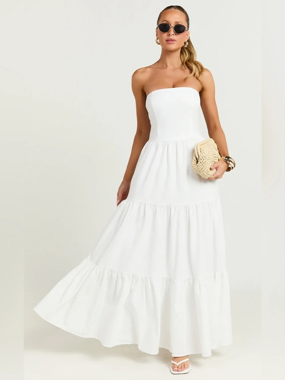 SHOWPO Trish Strapless Tiered Maxi Dress In White - Picture 6 of 7